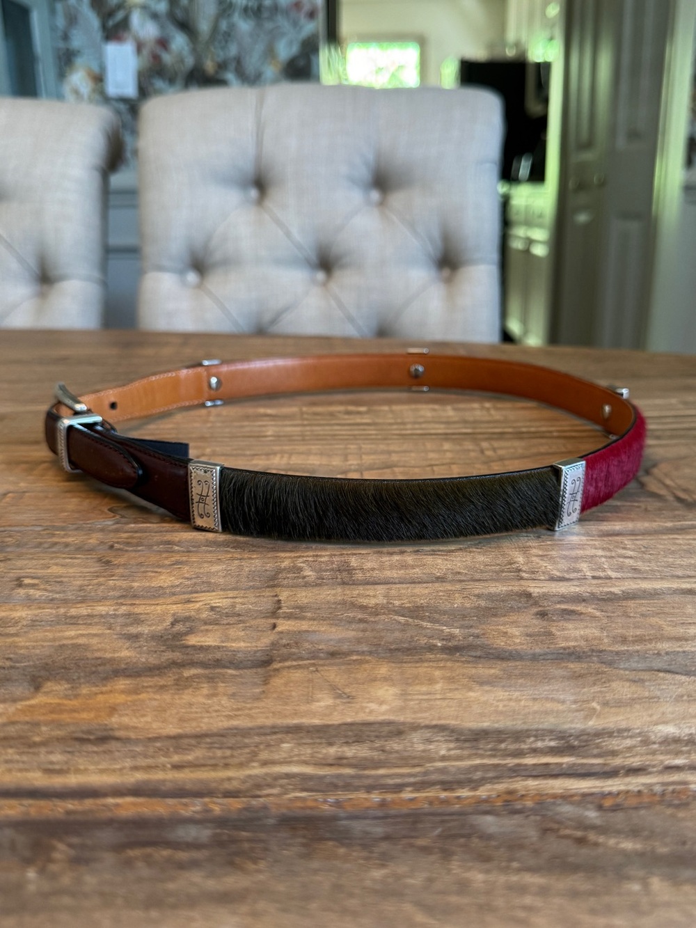 Brighton Multi-Color Pony Hair Silver Concho Leather Belt Sz 32 / M - Picture 2 of 11